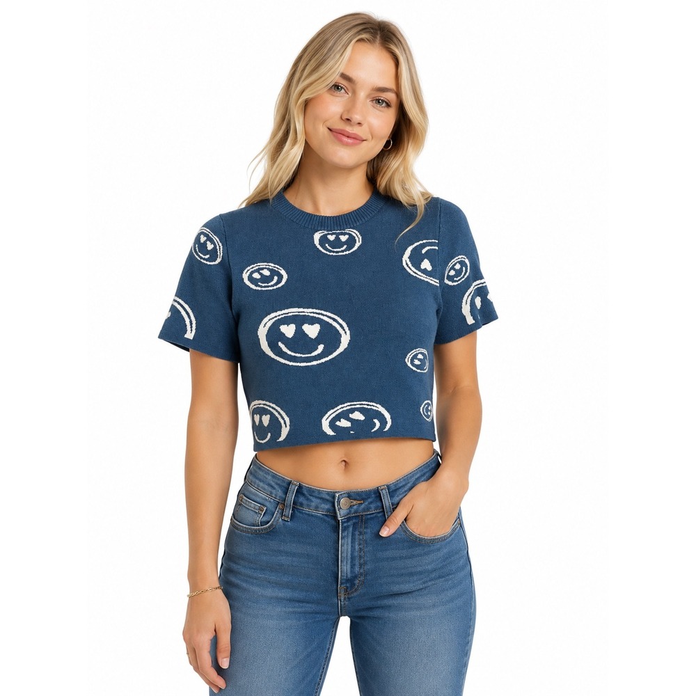 Debut Blue Smiley Face Knit Short Sleeve Crop Top Sweater S Y2K Indie Retro
